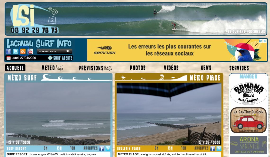 Capture d'écran de la page d'accueil du site Lacanau Surf Info spécialisé dans le reporting vidéo des conditions de surf