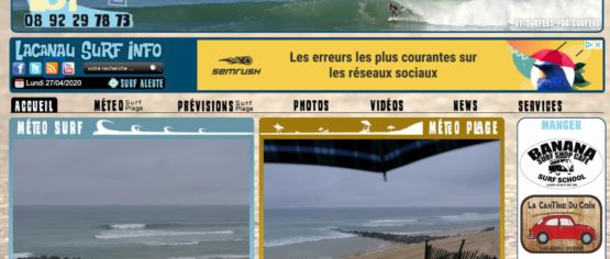 Capture d'écran de la page d'accueil du site Lacanau Surf Info spécialisé dans le reporting vidéo des conditions de surf
